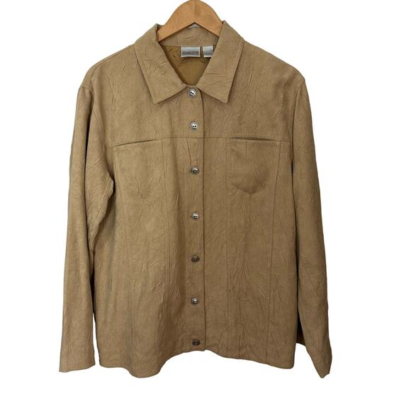 Chico's Faux Suede Button Up Shirt Camel Tan Chest Pockets Size Large 2 Soft - Picture 1 of 4